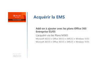 Une formation
Acquérir la EMS
Add-on à ajouter avec les plans Office 365
Entreprise E3/E5
L’acquérir via les Plans M365
Microsoft 365 E3 = Office 365 E3 + EMS E3 + Windows 10 E3
Microsoft 365 E5 = Office 365 E5 + EMS E5 + Windows 10 E5
 