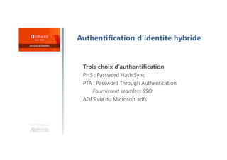 Une formation
Authentification d’identité hybride
Trois choix d’authentification
PHS : Password Hash Sync
PTA : Password Through Authentication
Fournissent seamless SSO
ADFS via du Microsoft adfs
 