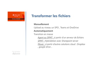 Une formation
Transformer les fichiers
Manuellement
Upload au niveau un SPO , Teams et OneDrive
Automatiquement
Transition en masse
Agent ou SPMT : à partir d’un serveur de fichiers
SPMT : Hybridation avec Sharepoint server
Mover : à partir d’autres solutions cloud : Dropbox
, google drive ..
 