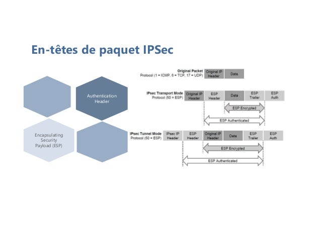 En-têtes de paquet IPSec
Authentication
Header
Encapsulating
Security
Payload (ESP)
 