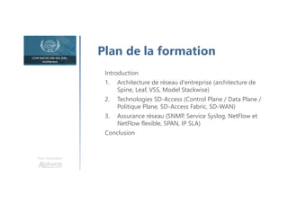 Une formation
Plan de la formation
Introduction
1. Architecture de réseau d'entreprise (architecture de
Spine, Leaf, VSS, Model Stackwise)
2. Technologies SD-Access (Control Plane / Data Plane /
Politique Plane, SD-Access Fabric, SD-WAN)
3. Assurance réseau (SNMP, Service Syslog, NetFlow et
NetFlow flexible, SPAN, IP SLA)
Conclusion
 