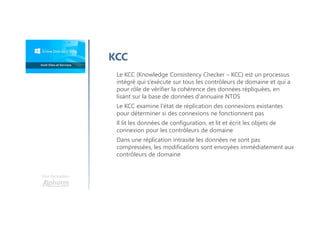 Une formation
KCC
Le KCC (Knowledge Consistency Checker – KCC) est un processus
intégré qui s’exécute sur tous les contrôleurs de domaine et qui a
pour rôle de vérifier la cohérence des données répliquées, en
lisant sur la base de données d'annuaire NTDS
Le KCC examine l’état de réplication des connexions existantes
pour déterminer si des connexions ne fonctionnent pas
Il lit les données de configuration, et lit et écrit les objets de
connexion pour les contrôleurs de domaine
Dans une réplication intrasite les données ne sont pas
compressées, les modifications sont envoyées immédiatement aux
contrôleurs de domaine
 