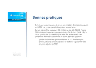 Une formation
Il n'est pas recommander de créer une relation de réplication avec
un RODC car ce dernier réplique dans un seul sens
Sur un même Site ou aucun DC n'héberge de rôle FSMO, l'ordre
DNS n'est pas important, on peut mettre DC-E-1 / 2 /3 /4, s'il y'a
un DC particulier qui va répliquer avec les autres sites, il est
préférable de mettre ce dernier en avant dernière position
(on peut ajouter exceptionnellement le DC du site le plus
proche, et dans certain cas selon la distance séparant le Site
on peut ajouter le PDC)
Bonnes pratiques
 