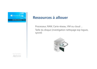 Une formation
Ressources à allouer
Processeur, RAM, Carte réseau, VM ou cloud …
Taille du disque (investigation nettoyage exp logues,
sysvol)
 