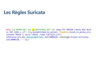 Les Règles Suricata
drop tcp $HOME_NET any -> $EXTERNAL_NET any (msg:”ET TROJAN Likely Bot Nick
in IRC (USA +..)”; flow:established,to_server; flowbits:isset,is_proto_irc;
content:”NICK “; pcre:”/NICK .*USA.*[0-9]{3,}/i”;
reference:url,doc.emergingthreats.net/2008124; classtype:trojan-activity;
sid:2008124; rev:2;)
 