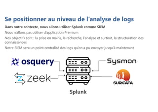 Se positionner au niveau de l’analyse de logs
Dans notre contexte, nous allons utiliser Splunk comme SIEM
Nous n’allons pas utiliser d’application Premium
Nos objectifs sont : la prise en mains, la recherche, l’analyse et surtout, la structuration des
connaissances
Notre SIEM sera un point centralisé des logs qu’on a pu envoyer jusqu’à maintenant
Splunk
 
