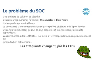 Le problème du SOC
Une pléthore de solution de sécurité
Des ressources humaines rarissime : Threat Actor > Blue Teams
Un temps de réponse inefficace,
La découverte d’une compromission se passe parfois plusieurs mois après l’action
Des acteurs de menaces de plus en plus organisés et structurés (avec des outils
sophistiqués)
Vous avez accès à des EDR,SIEM… eux aussi  Techniques d’évasions qui ne manquent
pas
L’imperfection est humaine…
Les attaquants changent, pas les TTPs
 