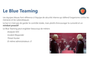 Le Blue Teaming
Les équipes bleues font référence à l'équipe de sécurité interne qui défend l’organisme contre les
menaces et les cyberattaques
Le but ici n'est pas de garder le contrôle totale, mais plutôt d'encourager la curiosité et un
mindset proactif
Le Blue Teaming peut englober beaucoup de métiers
Analyste SOC
Incident Responder
Threat Hunter
Et même administrateurs 
 