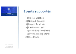 Events supportés
1 | Process Creation
3 | Network Connect
5 | Process Terminate
9 | RAW access read
11 | File Create / Overwrite
16 | Sysmon config change
23 | File Delete
Une formation
 