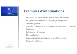 Exemples d’informations
Processus en cours d'exécution et leurs paramètres
Programmes exécutés au démarrage du système
Services système
Liste des utilisateurs et utilisateurs actuellement connectés
Registres
Événements Windows
Tâches planifiées
Les ports réseau sur lesquels la machine écoute
Paramètres fichiers
Une formation
 