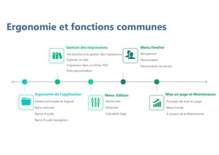 Ergonomie et fonctions communes
Introduction à la gestion des impressions
Exporter un état
Impression dans un fichier PDF
États personnalisés
Gestion des impressions
Fenêtre principale du logiciel
Barre verticale
Barres d’outils
Barre d'outils Navigation
Ergonomie de l'application
Rechercher
Atteindre
Calculette Sage
Menu Edition
Principes de mise en page
Menu Fichier
A propos de la Maintenance
Mise en page et Maintenance
Réorganiser
Personnaliser
Personnaliser les écrans
Menu Fenêtre
 