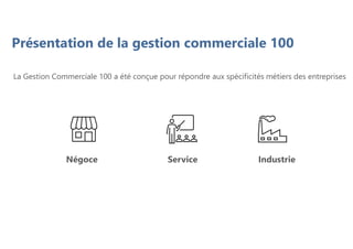 Présentation de la gestion commerciale 100
La Gestion Commerciale 100 a été conçue pour répondre aux spécificités métiers des entreprises
Négoce Service Industrie
 