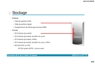 24/12/2015
105
Formation OS X 10.11 Client El Capitan alphorm.com™©
Stockage
• Schémas
Table de partition GUID
Table de partition Apple
Enregistrement de démarrage principal (MBR)
• Formats
OS X étendu (journalisé)
OS X étendu (journalisé, sensible à la casse)
OS X étendu (journalisé, chiffré)
OS X étendu (journalisé, sensible à la casse, chiffré)
MS-DOS (FAT, ex-FAT)
• NT File System (NTFS) : Lecture seule
 