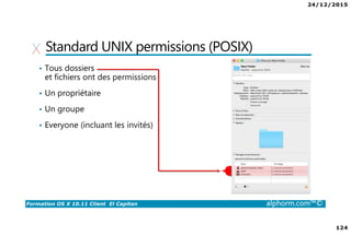 24/12/2015
124
Formation OS X 10.11 Client El Capitan alphorm.com™©
Standard UNIX permissions (POSIX)
• Tous dossiers
et fichiers ont des permissions
• Un propriétaire
• Un groupe
• Everyone (incluant les invités)
 