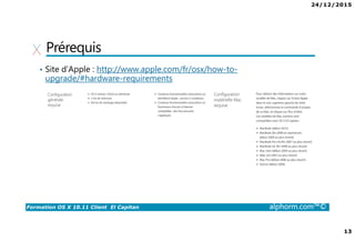 24/12/2015
13
Formation OS X 10.11 Client El Capitan alphorm.com™©
Prérequis
• Site d’Apple : http://www.apple.com/fr/osx/how-to-
upgrade/#hardware-requirements
 