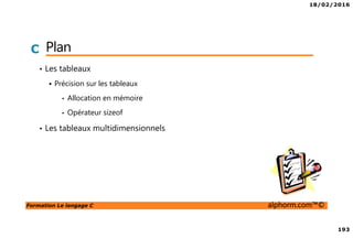 18/02/2016
21
Formation Le langage C alphorm.com™©
C Plan
• Présentation d’un programme basique
Structure
Syntaxe
 