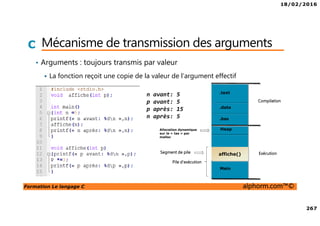 18/02/2016
267
Formation Le langage C alphorm.com™©
C Mécanisme de transmission des arguments
• Arguments : toujours transmis par valeur
La fonction reçoit une copie de la valeur de l’argument effectif
n avant: 5
p avant: 5
p après: 15
n après: 5
.text
.data
.bss
Heap
Main
Compilation
Exécution
Allocation dynamique
sur le « tas » par
malloc
affiche()
Pile d’exécution
Segment de pile
 