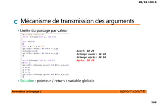 18/02/2016
269
Formation Le langage C alphorm.com™©
C Mécanisme de transmission des arguments
• Limite du passage par valeur
• Solution : pointeur / return / variable globale
Avant: 10 20
Echange avant: 10 20
Echange après: 20 10
Après: 10 20
 