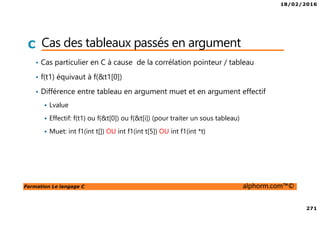 18/02/2016
271
Formation Le langage C alphorm.com™©
C Cas des tableaux passés en argument
• Cas particulier en C à cause de la corrélation pointeur / tableau
• f(t1) équivaut à f(&t1[0])
• Différence entre tableau en argument muet et en argument effectif
Lvalue
Effectif: f(t1) ou f(&t[0]) ou f(&t[i]) (pour traiter un sous tableau)
Muet: int f1(int t[]) OU int f1(int t[5]) OU int f1(int *t)
 