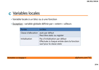 18/02/2016
274
Formation Le langage C alphorm.com™©
C Variables locales
• Variable locale à un bloc ou à une fonction
• Exception : variable globale définie par « extern » ailleurs
Portée Le bloc
Classe d’allocation auto par défaut
Peut être static ou register
Initialisation Pas d’initialisation par défaut
Effectuée à chaque entrée dans la fonction
sauf pour la classe static
 