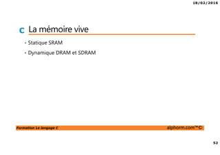 18/02/2016
6
Formation Le langage C alphorm.com™©
C Les références bibliographiques
• Le langage C / Norme ANSI (auteur, K et R)
Traduit du livre original
• Le guide complet du langage C (Claude Delannoy)
Les concepts sont détaillés
 
