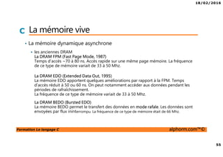 18/02/2016
55
Formation Le langage C alphorm.com™©
C La mémoire vive
• La mémoire dynamique asynchrone
les anciennes DRAM
La DRAM FPM (Fast Page Mode, 1987)
Temps d'accès ~70 à 80 ns. Accès rapide sur une même page mémoire. La fréquence
de ce type de mémoire variait de 33 à 50 Mhz.
La DRAM EDO (Extended Data Out, 1995)
La mémoire EDO apportent quelques améliorations par rapport à la FPM. Temps
d'accès réduit à 50 ou 60 ns. On peut notamment accéder aux données pendant les
périodes de rafraîchissement.
La fréquence de ce type de mémoire variait de 33 à 50 Mhz.
La DRAM BEDO (Bursted EDO)
La mémoire BEDO permet le transfert des données en mode rafale. Les données sont
envoyées par flux ininterrompu. La fréquence de ce type de mémoire était de 66 Mhz.
 