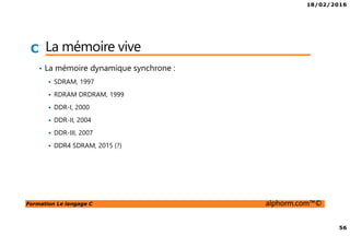 18/02/2016
56
Formation Le langage C alphorm.com™©
C La mémoire vive
• La mémoire dynamique synchrone :
SDRAM, 1997
RDRAM DRDRAM, 1999
DDR-I, 2000
DDR-II, 2004
DDR-III, 2007
DDR4 SDRAM, 2015 (?)
 