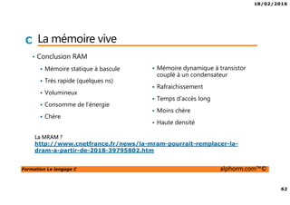 18/02/2016
62
Formation Le langage C alphorm.com™©
C La mémoire vive
• Conclusion RAM
Mémoire statique à bascule
Très rapide (quelques ns)
Volumineux
Consomme de l’énergie
Chère
Mémoire dynamique à transistor
couplé à un condensateur
Rafraichissement
Temps d’accès long
Moins chère
Haute densité
La MRAM ?
http://www.cnetfrance.fr/news/la-mram-pourrait-remplacer-la-
dram-a-partir-de-2018-39795802.htm
 