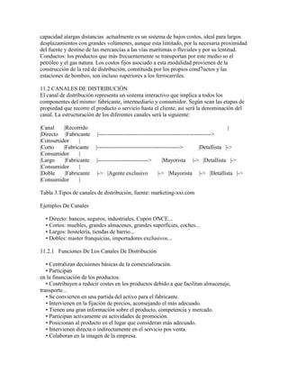 capacidad alargas distancias .actualmente es un sistema de bajos costos, ideal para largos
desplazamientos con grandes volúmenes, aunque esta limitado, por la necesaria proximidad
del fuente y destino de las mercancías a las vías marítimas o fluviales y por su lentitud.
Conductos: los productos que más frecuentemente se transportan por este medio so el
petróleo y el gas natura. Los costos fijos asociado a esta modalidad provienen de la
construcción de la red de distribución, constituida por los propios cond7uctos y las
estaciones de bombeo, son incluso superiores a los ferrocarriles.

11.2 CANALES DE DISTRIBUCIÓN
El canal de distribución representa un sistema interactivo que implica a todos los
componentes del mismo: fabricante, intermediario y consumidor. Según sean las etapas de
propiedad que recorre el producto o servicio hasta el cliente, así será la denominación del
canal. La estructuración de los diferentes canales será la siguiente:

|Canal   |Recorrido                                                                        |
|Directo |Fabricante     |------------------------------------------------------------>
|Consumidor      |
|Corto   |Fabricante    |-------------------------------------------->        |Detallista |->
|Consumidor      |
|Largo    |Fabricante    |--------------------------->     |Mayorista      |-> |Detallista |->
|Consumidor      |
|Doble    |Fabricante    |-> |Agente exclusivo           |-> |Mayorista        |-> |Detallista |->
|Consumidor      |

Tabla 3.Tipos de canales de distribución, fuente: marketing-xxi.com

Ejemplos De Canales

  • Directo: bancos, seguros, industriales, Cupón ONCE...
  • Cortos: muebles, grandes almacenes, grandes superficies, coches...
  • Largos: hostelería, tiendas de barrio...
  • Dobles: master franquicias, importadores exclusivos...

11.2.1 Funciones De Los Canales De Distribución

   • Centralizan decisiones básicas de la comercialización.
   • Participan
en la financiación de los productos.
   • Contribuyen a reducir costes en los productos debido a que facilitan almacenaje,
transporte...
   • Se convierten en una partida del activo para el fabricante.
   • Intervienen en la fijación de precios, aconsejando el más adecuado.
   • Tienen una gran información sobre el producto, competencia y mercado.
   • Participan activamente en actividades de promoción.
   • Posicionan al producto en el lugar que consideran más adecuado.
   • Intervienen directa o indirectamente en el servicio pos venta.
   • Colaboran en la imagen de la empresa.
 