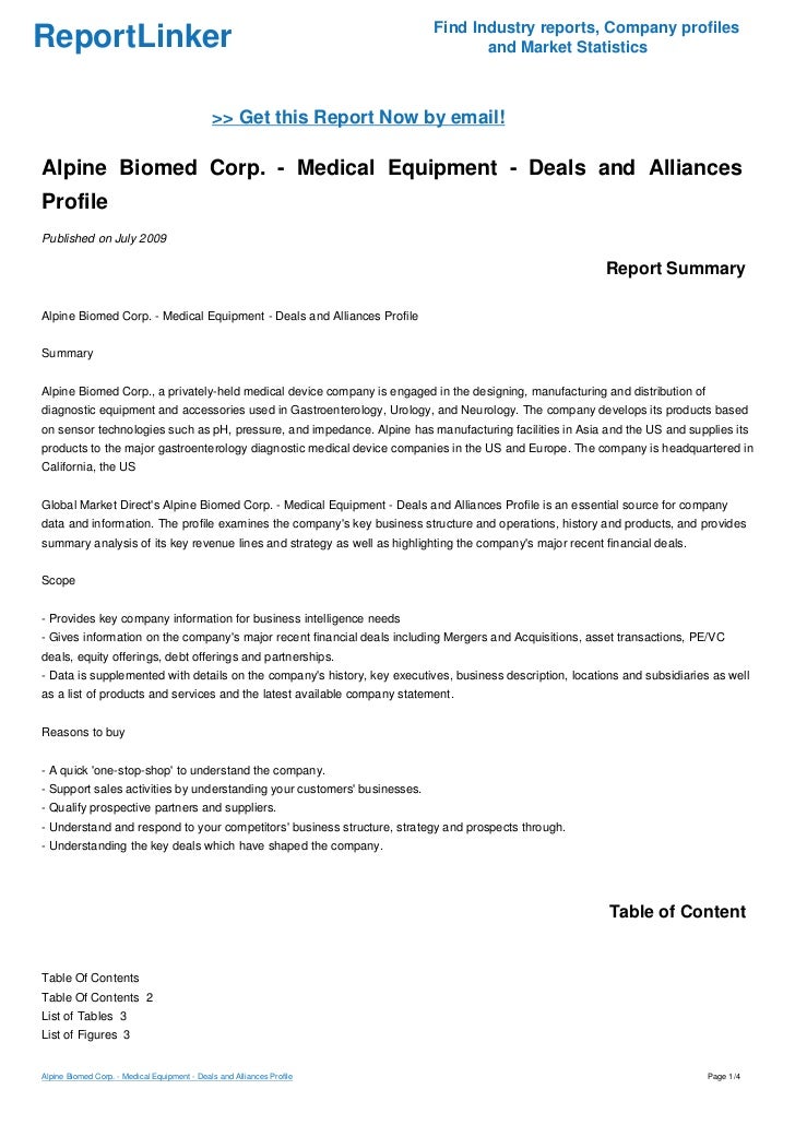 Alpine Biomed Corp. Medical Equipment Deals and Alliances Profile