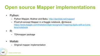 Open source Mapper implementations
•  Python:
–  Python Mapper, Mullner and Babu: http://danifold.net/mapper/
–  Proof-of-concept Mapper in a Kaggle notebook, @mlwave:
https://www.kaggle.com/triskelion/digit-recognizer/mapping-digits-with-a-t-sne-
lens/notebook
•  R:
–  TDAmapper package
•  Matlab:
–  Original mapper implementation
 