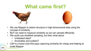 What came first?
•  We use Mapper to detect structure in high-dimensional data using the
concept of similarity.
•  BUT we need to measure similarity so we can sample efficiently.
•  We could use stratified sampling, but then what about
•  Unlabeled data?
•  Anomalies and outliers?
•  LSH is a lower-cost first pass capturing similarity for cheap and helping to
scale Mapper
 