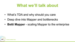 What we’ll talk about
•  What’s TDA and why should you care
•  Deep dive into Mapper and bottlenecks
•  Betti Mapper - scaling Mapper to the enterprise
 
