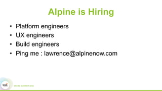 Alpine is Hiring
•  Platform engineers
•  UX engineers
•  Build engineers
•  Ping me : lawrence@alpinenow.com
 
