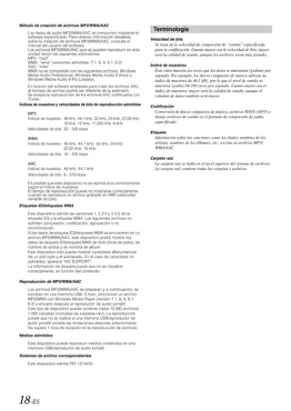 Método de creación de archivos MP3/WMA/AAC
                                                                          Terminología
    Los datos de audio MP3/WMA/AAC se comprimen mediante el
    software especificado. Para obtener información detallada
                                                                         Velocidad de bits
    sobre la creación de archivos MP3/WMA/AAC, consulte el
    manual del usuario del software.                                       Se trata de la velocidad de compresión de “sonido” especificada
    Los archivos MP3/WMA/AAC que se pueden reproducir en esta              para la codificación. Cuanto mayor sea la velocidad de bits, mayor
    unidad tienen las siguientes extensiones:                              será la calidad de sonido, aunque los archivos serán más grandes.
    MP3: “mp3”
    WMA: “wma” (versiones admitidas: 7.1, 8, 9, 9.1, 9.2)
    AAC: “m4a”                                                           Índice de muestreo
    WMA no es compatible con los siguientes archivos: Windows              Este valor muestra las veces que los datos se muestrean (graban) por
    Media Audio Professional, Windows Media Audio 9 Voice o                segundo. Por ejemplo, los discos compactos de música utilizan un
    Windows Media Audio 9 Pro Lossless.                                    índice de muestreo de 44,1 kHz, por lo que el nivel de sonido se
     En función del software empleado para crear los archivos AAC,         muestrea (graba) 44.100 veces por segundo. Cuanto mayor sea el
     el formato de archivo podría ser diferente de la extensión.           índice de muestreo, mayor será la calidad de sonido, aunque el
     Se acepta la reproducción de los archivos AAC codificados con         volumen de datos también será mayor.
     iTunes.
Índices de muestreo y velocidades de bits de reproducción admitidos
                                                                         Codificación
    MP3                                                                    Conversión de discos compactos de música, archivos WAVE (AIFF) y
    Índices de muestreo: 48 kHz, 44,1 kHz, 32 kHz, 24 kHz, 22,05 kHz,      demás archivos de sonido en el formato de compresión de audio
                         16 kHz, 12 kHz, 11,025 kHz, 8 kHz                 especificado.
    Velocidades de bits: 32 - 320 kbps
                                                                         Etiqueta
    WMA                                                                    Información sobre las canciones como los títulos, nombres de los
    Índices de muestreo: 48 kHz, 44,1 kHz, 32 kHz, 24 kHz,                 artistas, nombres de los álbumes, etc., escrita en archivos MP3/
                         22,05 kHz, 16 kHz                                 WMA/AAC.
    Velocidades de bits: 16 - 320 kbps
                                                                         Carpeta raíz
    AAC                                                                    La carpeta raíz se halla en el nivel superior del sistema de archivos.
    Índices de muestreo: 48 kHz, 44,1 kHz                                  La carpeta raíz contiene todas las carpetas y archivos.
    Velocidades de bits: 8 - 576 kbps

    Es posible que este dispositivo no se reproduzca correctamente
    según el índice de muestreo.
    El tiempo de reproducción puede no mostrarse correctamente
    cuando se reproduce un archivo grabado en VBR (velocidad
    variable de bits).
Etiquetas ID3/etiquetas WMA
    Este dispositivo admite las versiones 1, 2.2.0 y 2.3.0 de la
    etiqueta ID3 y la etiqueta WMA. Los siguientes archivos no
    admiten compresión, codificación, agrupación o no
    sincronización.
    Si los datos de etiqueta ID3/etiquetas WMA se encuentran en un
    archivo MP3/WMA/AAC, este dispositivo podrá mostrar los
    datos de etiqueta ID3/etiqueta WMA de título (título de pista), de
    nombre de artista y de nombre de álbum.
    Este dispositivo sólo puede mostrar caracteres alfanuméricos
    de un solo byte y el subrayado. En el caso de caracteres no
    admitidos, aparece “NO SUPPORT”.
    La información de etiqueta puede que no se visualice
    correctamente, en función del contenido.

Reproducción de MP3/WMA/AAC
    Los archivos MP3/WMA/AAC se preparan y, a continuación, se
    escriben en una memoria USB. O bien, sincronizar un archivo
    MP3/WMA con Windows Media Player (versión 7.1, 8, 9, 9.1,
    9.2) y enviarlo después al reproductor de audio portátil.
    Este tipo de dispositivo puede contener hasta 10.000 archivos/
    1.000 carpetas (incluidas las carpetas raíz). La reproducción
    puede que no se realice si una memoria USB/reproductor de
    audio portátil excede las limitaciones descritas anteriormente.
    No supere 1 hora de duración en la reproducción de archivos.
Medios admitidos
    Este dispositivo puede reproducir medios contenidos en una
    memoria USB/reproductor de audio portátil.
Sistemas de archivo correspondientes

    Este dispositivo admite FAT 12/16/32.




18-ES
 