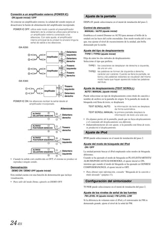 Conexión a un amplificador externo (POWER IC)
ON (ajuste inicial) / OFF
                                                                         Ajuste de la pantalla
Al conectar un amplificador externo, la calidad del sonido mejora al   DISPLAY puede seleccionarse en el menú de instalación del paso 2.
desactivarse la fuente de alimentación del amplificador incorporado.
                                                                       Control de atenuación
  POWER IC OFF: utilice este modo cuando el preamplificador
                delantero de la unidad se utiliza para alimentar a     MANUAL / AUTO (ajuste inicial)
                un amplificador externo conectado a los                Establezca el control Dimmer en AUTO para atenuar el brillo de la
                altavoces. Con este ajuste, el amplificador
                                                                       unidad con las luces del coche encendidas. Este modo resulta útil si cree
                interno principal de la unidad no enviará ninguna
                señal de salida a los altavoces.                       que, tras ajustar el nivel de oscurecimiento de la unidad, aún brilla
                                                                       demasiado por la noche.
        iDA-X200:
                                                                       Ajuste del tipo de desplazamiento
                                                           Delantero
                                                           izquierdo   TYPE1 / TYPE2 (ajuste inicial)
                                      Amplificador
                                                           Delantero   Elija de entre los dos métodos de desplazamiento.
                                                           derecho     Seleccione el tipo que prefiera.
                                                           Trasero          TYPE1: los caracteres se desplazan de derecha a izquierda,
                                                           izquierdo               de uno en uno.
                                      Amplificador                          TYPE2: las palabras se forman de izquierda a derecha,
                                                           Trasero
                                                                                   carácter por carácter. Cuando se llena la pantalla, se
                                                           derecho
                                                                                   borra y las palabras restantes se visualizan del mismo
                                                                                   modo hasta que hayan aparecido todas las palabras
        iDA-X300:
                                                                                   del título.
                                                         Trasero
                                                         izquierdo     Ajuste de desplazamiento (TEXT SCROLL)
                                   Amplificador                        AUTO / MANUAL (ajuste inicial)
                                                         Delantero
                                                         derecho       Puede seleccionar un tipo de desplazamiento como título de canción o
                                                                       nombre de archivo en la pantalla de origen. Si la pantalla de modo de
  POWER IC ON: los altavoces reciben la señal desde el                 búsqueda está llena de texto, se desplazará.
               amplificador incorporado.
                                                                            TEXT SCROLL AUTO:   la información de texto se desplaza
                                                     Altavoces                                  de forma automática.
                                                                            TEXT SCROLL MANUAL: la primera pantalla desplaza la
                       ALTAVOZ
                       DELANTERO DERECHO              Delantero                                 información de texto una sola vez.
                                                      derecho
                                                                       • En algunas partes de la pantalla, puede que no haya desplazamiento
                                                                         o el contenido del desplazamiento sea diferente.
                       ALTAVOZ                                         • Independientemente de este ajuste, si la pantalla está llena de texto,
                       POSTERIOR DERECHO              Trasero            se producirá el desplazamiento.
                                                      derecho
                                                                         Ajuste de iPod
                       ALTAVOZ                                         IPOD puede seleccionarse en el menú de instalación del paso 2.
                       POSTERIOR IZQUIERDO            Trasero
                                                      izquierdo
                                                                       Ajuste del modo de búsqueda del iPod
                                                                       ON / OFF
                       ALTAVOZ
                       DELANTERO IZQUIERDO            Delantero        La unidad permite buscar el iPod empleando ocho modos de búsqueda
                                                      izquierdo        diferentes.
                                                                       Cuando se ha ajustado el modo de búsqueda en PLAYLISTS/ARTISTS/
• Cuando la salida está establecida en OFF, el sistema no produce ni
  reproduce ningún sonido.                                             ALBUMS/PODCASTS/AUDIOBOOKS, el ajuste inicial es ON,
                                                                       mientras que cuando el modo de búsqueda se ha ajustado en GENRES/
Demostración                                                           COMPOSERS/SONGS, el ajuste inicial es OFF.
DEMO ON / DEMO OFF (ajuste inicial)
                                                                       • Para obtener más información, consulte “Búsqueda de la canción o
Esta unidad cuenta con una función de demostración que incluye           título deseado” (página 11).
visualización.
• Para salir del modo Demo, ajústelo en DEMO OFF.                        Configuración del sintonizador
                                                                       TUNER puede seleccionarse en el menú de instalación del paso 2.

                                                                       Ajuste de los niveles de señal de las fuentes
                                                                       FM LEVEL HI (ajuste inicial) / FM LEVEL LOW
                                                                       Si la diferencia de volumen entre el iPod y el sintonizador de FM es
                                                                       demasiado grande, ajuste el nivel de la señal de FM.




24-ES
 