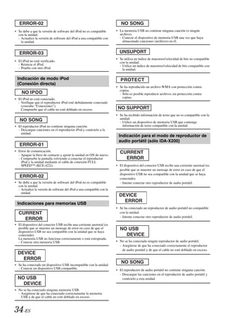 • Se debe a que la versión de software del iPod no es compatible        • La memoria USB no contiene ninguna canción (o ningún
  con la unidad.                                                          archivo).
  - Actualice la versión de software del iPod a una compatible con        - Conecte el dispositivo de memoria USB una vez que haya
    la unidad.                                                              almacenado canciones (archivos) en él.


                   3                                                      UNSUPORT
                                                                        • Se utiliza un índice de muestreo/velocidad de bits no compatible
• El iPod no está verificado.                                             con la unidad.
  - Reinicie el iPod.                                                     - Utilice un índice de muestreo/velocidad de bits compatible con
  - Pruebe con otro iPod.                                                   la unidad.

 Indicación de modo iPod
 (Conexión directa)
                                                                        • Se ha reproducido un archivo WMA con protección contra
                                                                          copias.
                                                                          - Sólo es posible reproducir archivos sin protección contra
• El iPod no está conectado.                                                copias.
  - Verifique que el reproductor iPod esté debidamente conectado
    (consulte “Conexiones”).
    Compruebe que el cable no esté doblado en exceso.                    NO SUPPORT
                                                                        • Se ha recibido información de texto que no es compatible con la
                                                                          unidad.
                                                                          - Utilice un dispositivo de memoria USB que contenga
• El reproductor iPod no contiene ninguna canción.                          información de texto compatible con la unidad.
  - Descargue canciones en el reproductor iPod y conéctelo a la
    unidad.
                                                                         Indicación para el modo de reproductor de
                                                                         audio portátil (sólo iDA-X200)

• Error de comunicación.                                                  CURRENT
  - Apague la llave de contacto y ajuste la unidad en ON de nuevo.
  - Compruebe la pantalla volviendo a conectar el reproductor               ERROR
    iPod y la unidad mediante el cable de conexión FULL
    SPEED™ (KCE-422i).                                                  • El dispositivo del conector USB recibe una corriente anormal (es
                                                                          posible que se muestre un mensaje de error en caso de que el
                                                                          dispositivo USB no sea compatible con la unidad que se haya
                                                                          conectado).
• Se debe a que la versión de software del iPod no es compatible          - Intente conectar otro reproductor de audio portátil.
  con la unidad.
  - Actualice la versión de software del iPod a una compatible con la
    unidad.
                                                                          DEVICE
                                                                            ERROR
 Indicaciones para memorias USB
                                                                        • Se ha conectado un reproductor de audio portátil no compatible
  CURRENT                                                                 con la unidad.
                                                                          - Intente conectar otro reproductor de audio portátil.
    ERROR
• El dispositivo del conector USB recibe una corriente anormal (es
  posible que se muestre un mensaje de error en caso de que el            NO USB
  dispositivo USB no sea compatible con la unidad que se haya
  conectado).                                                               DEVICE
  La memoria USB no funciona correctamente o está estropeada.
  - Conecte otra memoria USB.                                           • No se ha conectado ningún reproductor de audio portátil.
                                                                          - Asegúrese de que ha conectado correctamente el reproductor
                                                                            de audio portátil y de que el cable no esté doblado en exceso.
  DEVICE
    ERROR
• Se ha conectado un dispositivo USB incompatible con la unidad.
                                                                           NO SONG
  - Conecte un dispositivo USB compatible.                              • El reproductor de audio portátil no contiene ninguna canción.
                                                                          - Descargue las canciones en el reproductor de audio portátil y
  NO USB                                                                    conéctelo a esta unidad.
    DEVICE
• No se ha conectado ninguna memoria USB.
  - Asegúrese de que ha conectado correctamente la memoria
    USB y de que el cable no esté doblado en exceso.



34-ES
 