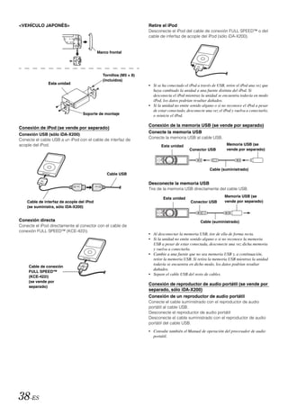 <VEHÍCULO JAPONÉS>                                                 Retire el iPod
                                                                   Desconecte el iPod del cable de conexión FULL SPEED™ o del
                                                                   cable de inferfaz de acople del iPod (sólo iDA-X200).


                                           Marco frontal




                                              Tornillos (M5 × 8)
                                              (incluidos)
               Esta unidad
                                                                   • Si se ha conectado el iPod a través de USB, retire el iPod una vez que
                                                                     haya cambiado la unidad a una fuente distinta del iPod. Si
                                                                     desconecta el iPod mientras la unidad se encuentra todavía en modo
                                                                     iPod, los datos podrían resultar dañados.
                                                                   • Si la unidad no emite sonido alguno o si no reconoce el iPod a pesar
                                                                     de estar conectado, desconecte una vez el iPod y vuelva a conectarlo,
                                  Soporte de montaje                 o reinicie el iPod.

                                                                   Conexión de la memoria USB (se vende por separado)
Conexión de iPod (se vende por separado)
                                                                   Conecte la memoria USB
Conexión USB (sólo iDA-X200)
                                                                   Conecte la memoria USB al cable USB.
Conecte el cable USB a un iPod con el cable de interfaz de
acople del iPod.                                                          Esta unidad                            Memoria USB (se
                                                                                           Conector USB          vende por separado)




                                                                                                       Cable (suministrado)
                                                Cable USB

                                                                   Desconecte la memoria USB
                                                                   Tire de la memoria USB directamente del cable USB.
                                                                                                                Memoria USB (se
                                                                           Esta unidad
    Cable de interfaz de acople del iPod                                                    Conector USB        vende por separado)
    (se suministra, sólo iDA-X200)


Conexión directa                                                                                  Cable (suministrado)
Conecte el iPod directamente al conector con el cable de
conexión FULL SPEED™ (KCE-422i).
                                                                   • Al desconectar la memoria USB, tire de ella de forma recta.
                                                                   • Si la unidad no emite sonido alguno o si no reconoce la memoria
                                                                     USB a pesar de estar conectada, desconecte una vez dicha memoria
                                                                     y vuelva a conectarla.
                                                                   • Cambie a una fuente que no sea memoria USB y, a continuación,
                                                                     retire la memoria USB. Si retira la memoria USB mientras la unidad
                                                                     todavía se encuentra en dicho modo, los datos podrían resultar
     Cable de conexión
                                                                     dañados.
     FULL SPEED™
                                                                   • Separe el cable USB del resto de cables.
     (KCE-422i)
     (se vende por
                                                                   Conexión de reproductor de audio portátil (se vende por
     separado)
                                                                   separado, sólo iDA-X200)
                                                                   Conexión de un reproductor de audio portátil
                                                                   Conecte el cable suministrado con el reproductor de audio
                                                                   portátil al cable USB.
                                                                   Desconecte el reproductor de audio portátil
                                                                   Desconecte el cable suministrado con el reproductor de audio
                                                                   portátil del cable USB.
                                                                   • Consulte también el Manual de operación del procesador de audio
                                                                     portátil.




38-ES
 