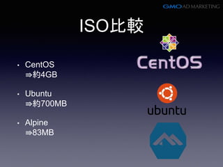 ISO比較
• CentOS
⇛約4GB
• Ubuntu
⇛約700MB
• Alpine
⇛83MB
 