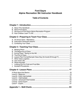 Ford Sayre
Alpine Recreation Ski Instructor Handbook
Table of Contents
Chapter 1 - Introduction..............................