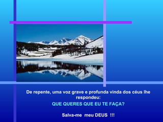 De repente, uma voz grave e profunda vinda dos céus lhe respondeu: QUE QUERES QUE EU TE FAÇA? Salva-me  meu DEUS  !!! 