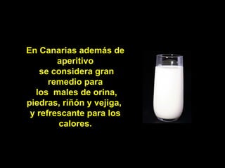 En Canarias además de
        aperitivo
    se considera gran
      remedio para
  los males de orina,
piedras, riñón y vejiga,
 y refrescante para los
        calores.
 