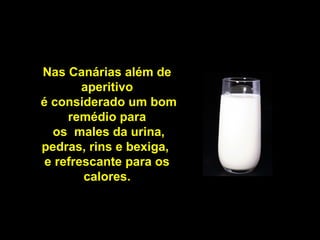 Nas Canárias além de 
aperitivo 
é considerado um bom 
remédio para 
os males da urina, 
pedras, rins e bexiga, 
e refrescante para os 
calores. 
 