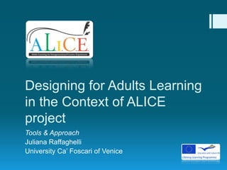 Designing for Adults Learning
in the Context of ALICE
project
Tools & Approach
Juliana Raffaghelli
University Ca’ Foscari of Venice
 