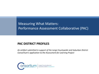 Measuring What Matters:
Performance Assessment Collaborative (PAC)
PAC DISTRICT PROFILES
An artifact submitted in support of the Large Countywide and Suburban District
Consortium's application to the Assessment for Learning Project
 