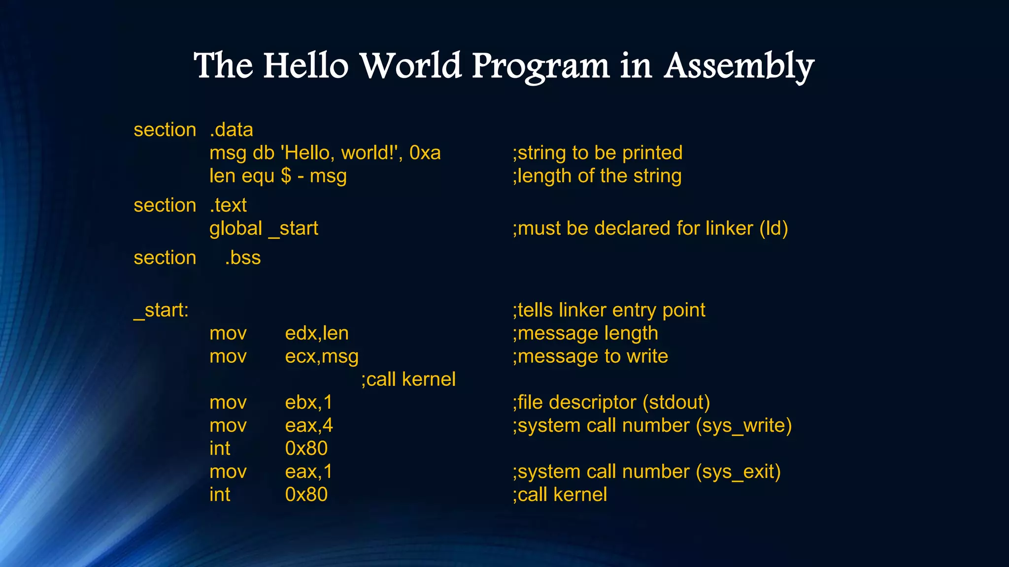 The Hello World Program in Assembly section .data msg db 'Hello, world!', 0xa ;string to be printed len equ $ - msg ;length of the string section .text global _start ;must be declared for linker (ld) section .bss _start: ;tells linker entry point mov edx,len ;message length mov ecx,msg ;message to write ;call kernel mov ebx,1 ;file descriptor (stdout) mov eax,4 ;system call number (sys_write) int 0x80 mov eax,1 ;system call number (sys_exit) int 0x80 ;call kernel 