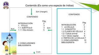 Contenido (Es como una especie de índice)
3cm (margen)
4cm
2cm
3 cm
CONTENIDO
CONTENIDO
Pág.
INTRODUCCIÓN 2
1. TÍTULO 3
1.1. SUBTÍTULO 3
1.1.1 Otra división 5
3. CONCLUSIONES
BIBLIOGRAFÍA
Pág
INTRODUCCIÓN 2
1. LA CÉLULA 3
1.1 CONCEPTO 3
1.2 CLASES DE CÉLULA 4
1.2.1 Célula animal 5
1.2.2 Célula vegetal 6
2. PARTES DE LA CÉLULA 7
3. CONCLUSIONES 10
BIBLIOGRAFÍA 11
 