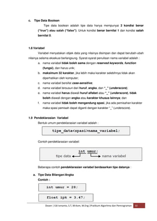 c. Tipe Data Boolean 
Tipe data boolean adalah tipe data hanya mempunyai 2 kondisi benar 
(“true”) atau salah (“false”). Untuk kondisi benar bernilai 1 dan kondisi salah 
bernilai 0. 
Dosen | Edi Ismanto, S.T, M.Kom, M.Eng |Pratikum Algoritma dan Pemrograman 10 
1.8 Variabel 
Variabel menyatakan objek data yang nilainya disimpan dan dapat berubah-ubah 
nilainya selama eksekusi berlangsung. Syarat-syarat penulisan nama variabel adalah : 
a. nama variabel tidak boleh sama dengan reserved keywords, function 
(fungsi), dan harus unik; 
b. maksimum 32 karakter, jika lebih maka karakter selebihnya tidak akan 
diperhatikan oleh komputer; 
c. nama variabel bersifat case-sensitive; 
d. nama variabel tersusun dari huruf, angka, dan “_” (underscore); 
e. nama variabel harus diawali huruf alfabet atau “_” (underscore), tidak 
boleh diawali dengan angka atau karakter khusus lainnya; dan 
f. nama variabel tidak boleh mengandung spasi, jika ada pemisahan karakter 
maka spasi pemisah dapat diganti dengan karakter “_” (underscore). 
1.9 Pendeklarasian Variabel 
Bentuk umum pendeklarasian variabel adalah : 
Contoh pendeklarasian variabel: 
Beberapa contoh pendeklarasian variabel berdasarkan tipe datanya : 
a. Tipe Data Bilangan/Angka 
Contoh : 
 