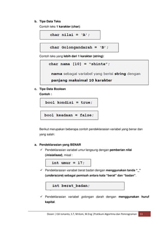 b. Tipe Data Teks 
Contoh teks 1 karakter (char): 
Contoh teks yang lebih dari 1 karakter (string): 
c. Tipe Data Boolean 
Contoh : 
Berikut merupakan beberapa contoh pendeklarasian variabel yang benar dan 
yang salah: 
a. Pendeklarasian yang BENAR 
 Pendeklarasian variabel umur langsung dengan pemberian nilai 
(inisialisasi), misal : 
 Pendeklarasian variabel berat badan dengan menggunakan tanda “_” 
(underscore) sebagai pemisah antara kata “berat” dan “badan”. 
 Pendeklarasian variabel golongan darah dengan menggunakan huruf 
kapital. 
Dosen | Edi Ismanto, S.T, M.Kom, M.Eng |Pratikum Algoritma dan Pemrograman 11 
 