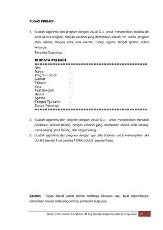 TUGAS PRIBADI : 
1. Buatlah algoritma dan program dengan visual C++ untuk menampilkan biodata diri 
anda secara lengkap, dengan variabel yang ditampilkan adalah nim, nama, program 
studi, alamat, telepon, kota, asal sekolah, hobby, agama, tempat tgl/lahir, status 
keluarga. 
Tampilan Outputnya : 
2. Buatlah algoritma dan program dengan visual C++ untuk menampilkan transaksi 
pembelian sebuah barang, dengan variabel yang ditampilkan seperti kode barang, 
nama barang, jenis barang, dan harga barang. 
3. Buatlah algoritma dan program dengan tipe data boolean untuk menampilkan jika 
LULUS bernilai True dan jika TIDAK LULUS bernilai False. 
Catatan : Tugas dibuat dalam bentuk hardcopy (disusun rapi), buat algoritmanya, 
cantumkan source code programnya, printscrint outpunya. 
Dosen | Edi Ismanto, S.T, M.Kom, M.Eng |Pratikum Algoritma dan Pemrograman 21 
 